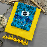 Yellow Handloom Cotton Saree With Sky Print Blouse